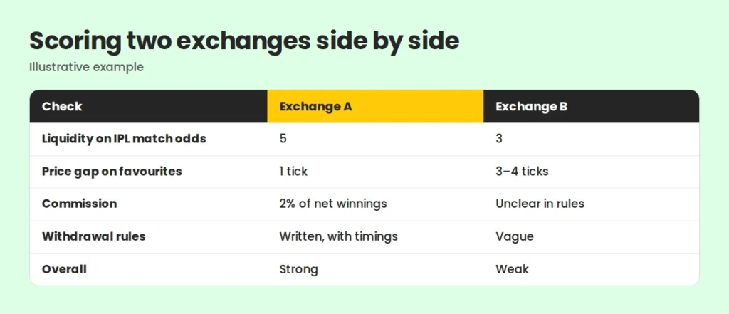 Example scorecard comparing two betting exchanges on liquidity, commission, markets and payouts Example scorecard comparing two betting exchanges on liquidity, commission, markets and payouts