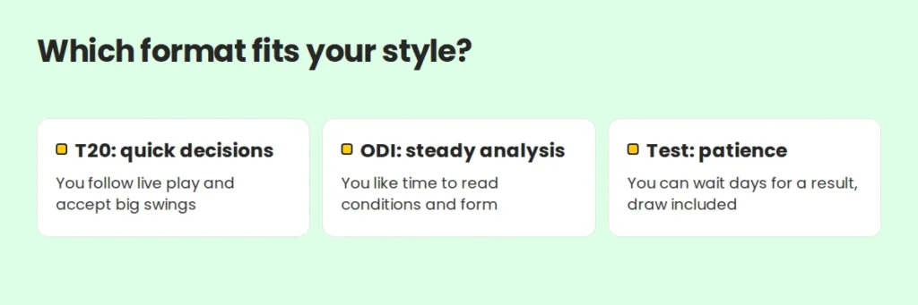Which cricket format suits your betting style: quick decisions, steady analysis or long-form patience Which cricket format suits your betting style: quick decisions, steady analysis or long-form patience