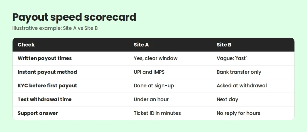 Example scorecard comparing two betting sites on the five payout speed checks